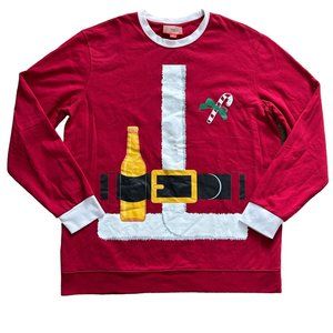 Ugly Christmas Fleece Red Santa Claus Beer Long Sleeve Shirt Size XLT